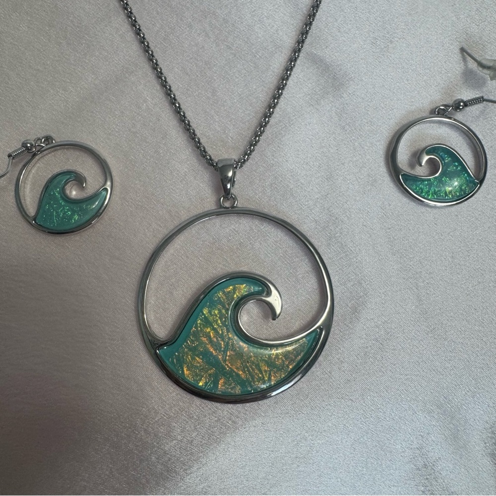 Resin Ocean Wave Silver and Aqua Green Necklace Pendant and Earrings Jewelry Set
